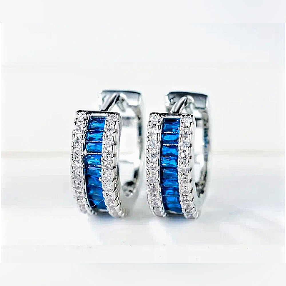 Sapphire Blue & Clear CZs Huggie Earrings